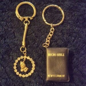 Vintage Gold Micro Bible & Praying Hands Keychain Set